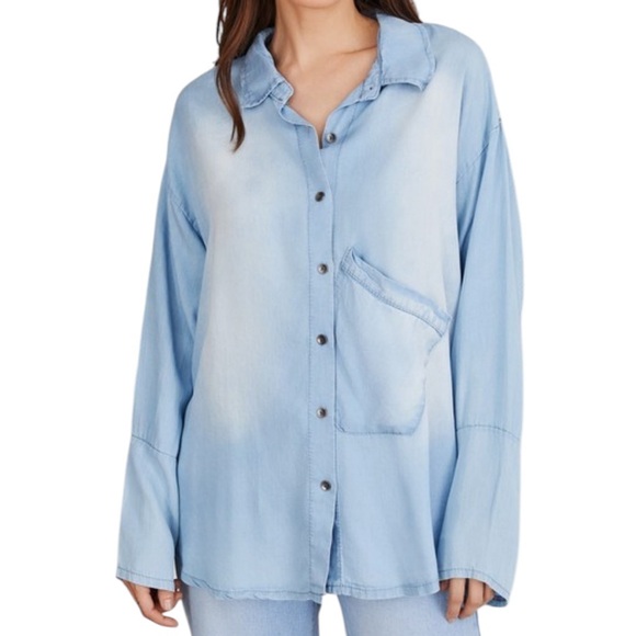 Venti 6 Rhinestone Blue Lyocell Star Back Button down Long Sleeve Shirt - Picture 6 of 6